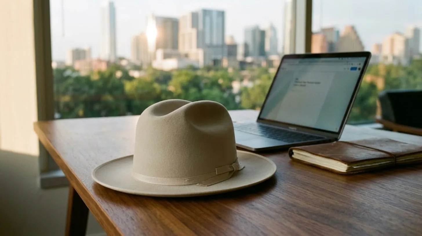 A cream Stetson Open Road hat on a walnut desk next to a laptop, with the Austin skyline through the window